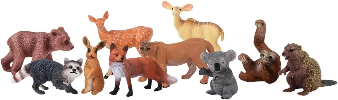 10PCS Forest Animal Figures Woodland Animals Toy Figures Set Cute Miniature Animal Cake Topper Figures Birthday Party Gift for Kids Toddlers