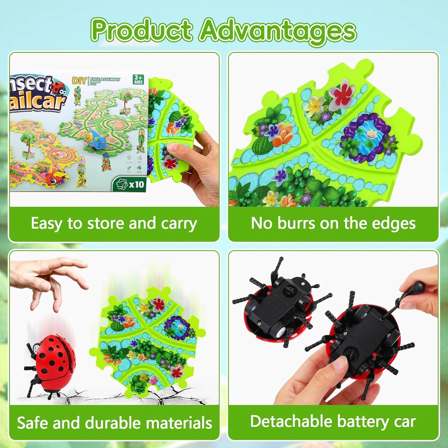 10Pcs Puzzle Racer Kids Car Track Set, Cars Toys for Toddlers, Puzzle Track Car Play Set, Race Tracks for Kids Ages 4-8, Educational Toys for 3 4 5 Year Old Boys (Ladybug)