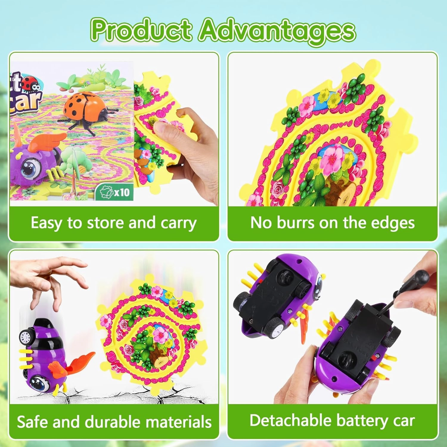 10Pcs Puzzle Track Car Play Set for Toddlers, Puzzle Racer Kids Car Track Set, Race Tracks for Kids Ages 4-8, Educational Puzzle Car Toys for 3 4 5 Year Old Boys (Bee)