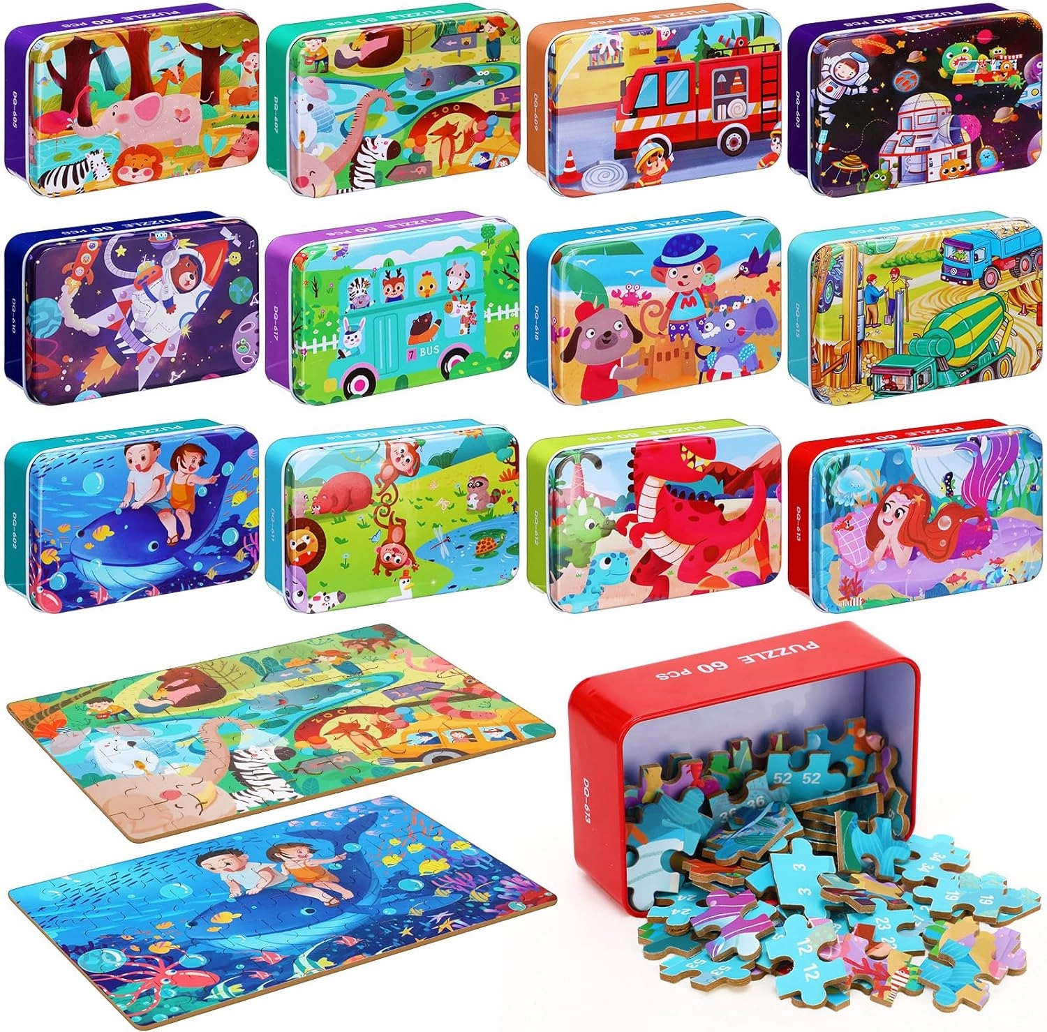 12 Boxes Party Favors Jigsaw Puzzles in a Metal Box for Age of 4-8, Wooden Puzzle for Ages 4-8 Boys and Girls Learning Educational Jigsaw Pieces Toys, 12 Styles(Novel)