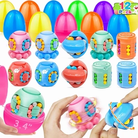 12 Pack 3.4" Jumbo Prefilled Easter Eggs Filled 4 Style Magic Bean Cubes, SpinCrack Fidget Spinner Puzzle Toy Kid Teen Age 6-14 Easter Basket Essential Stuffer Egg Hunt Stress Relief Brain Teaser Game