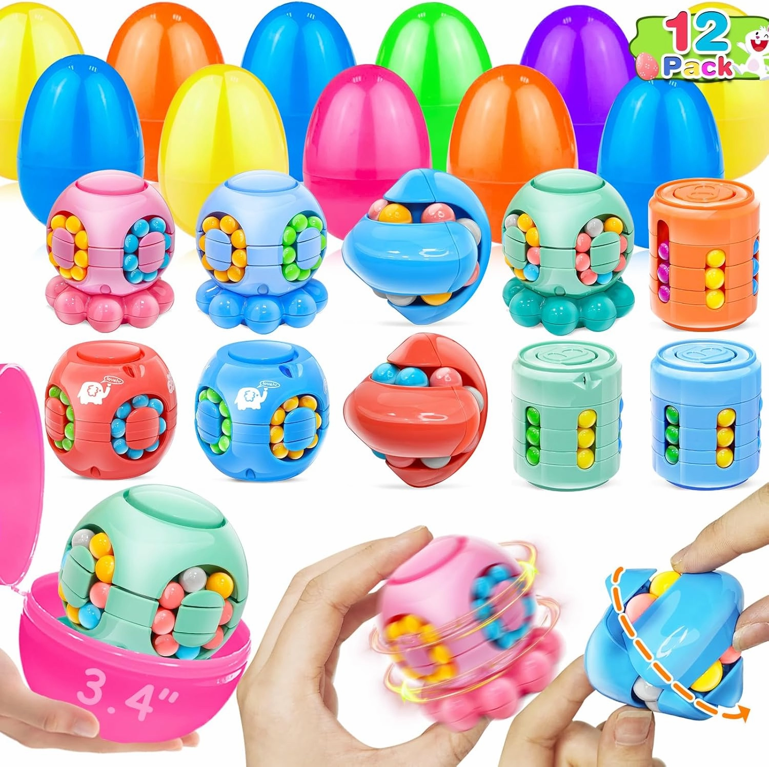12 Pack 3.4" Jumbo Prefilled Easter Eggs Filled 4 Style Magic Bean Cubes, SpinCrack Fidget Spinner Puzzle Toy Kid Teen Age 6-14 Easter Basket Essential Stuffer Egg Hunt Stress Relief Brain Teaser Game