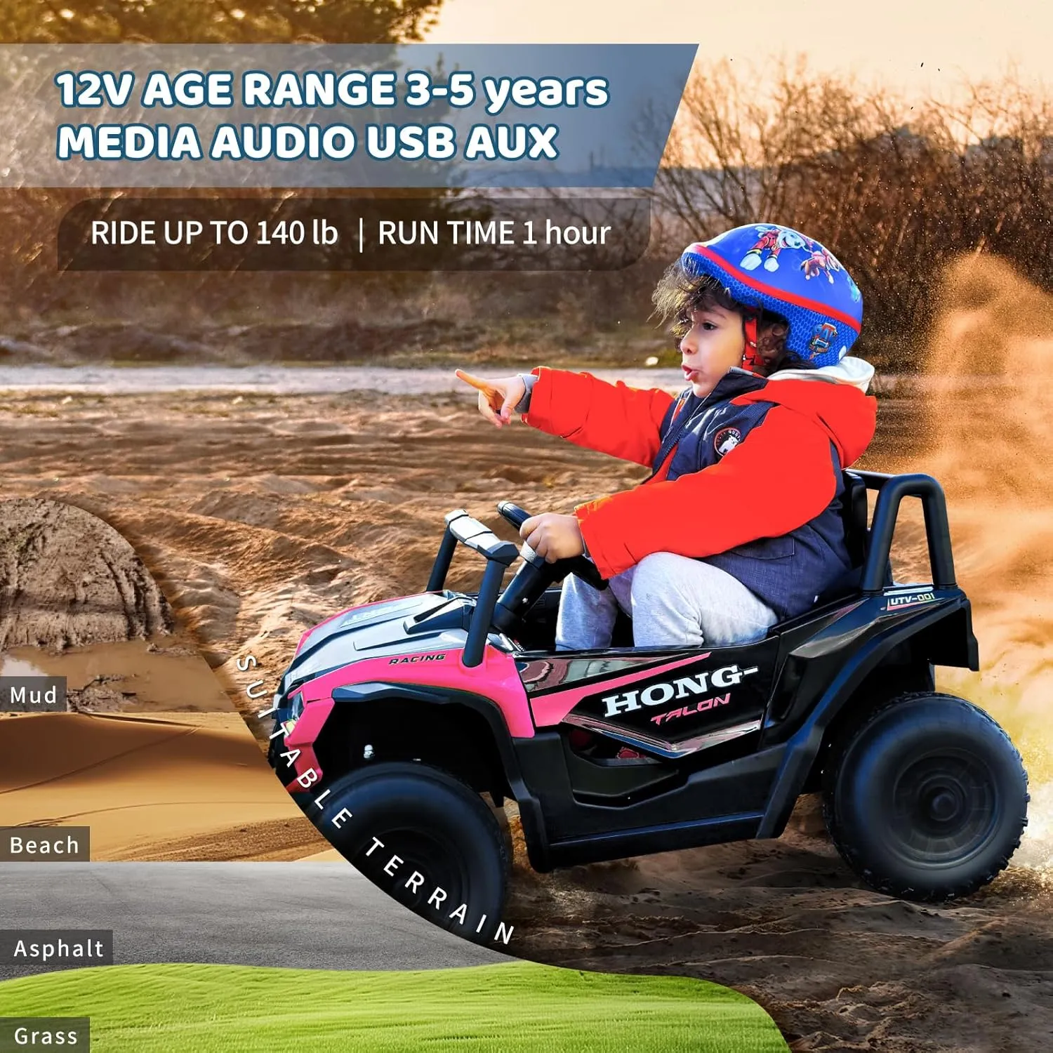 12V Electric UTV Car with Remote Control, Ride on Vehicles with Spring Suspension, LED Headlights, Ride on 4 Wheels, Music, Horn for Toddlers Kids, Pink