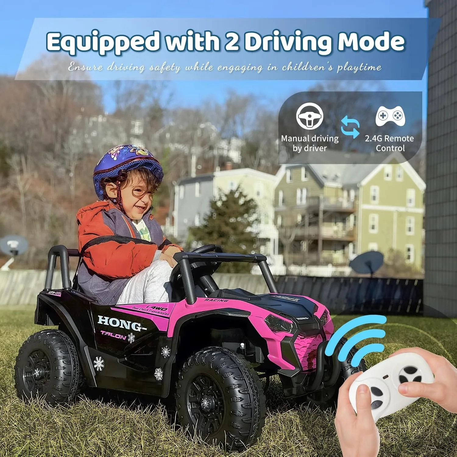 12V Electric UTV Car with Remote Control, Ride on Vehicles with Spring Suspension, LED Headlights, Ride on 4 Wheels, Music, Horn for Toddlers Kids, Pink