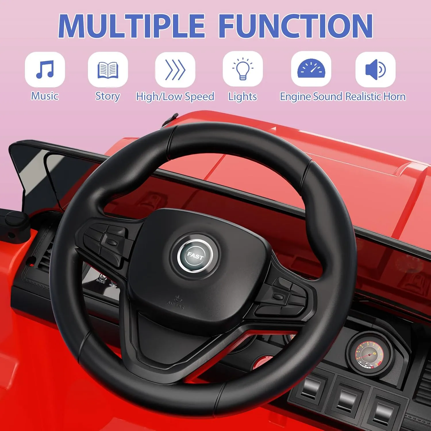 12V Kids Ride-On Truck Car | Electric Vehicle with Remote Control, Spring Suspension, 3 Speeds, LED Lights, Music, MP3 | Battery-Powered Ride-On Toy Gift for Boys and Girls, Red