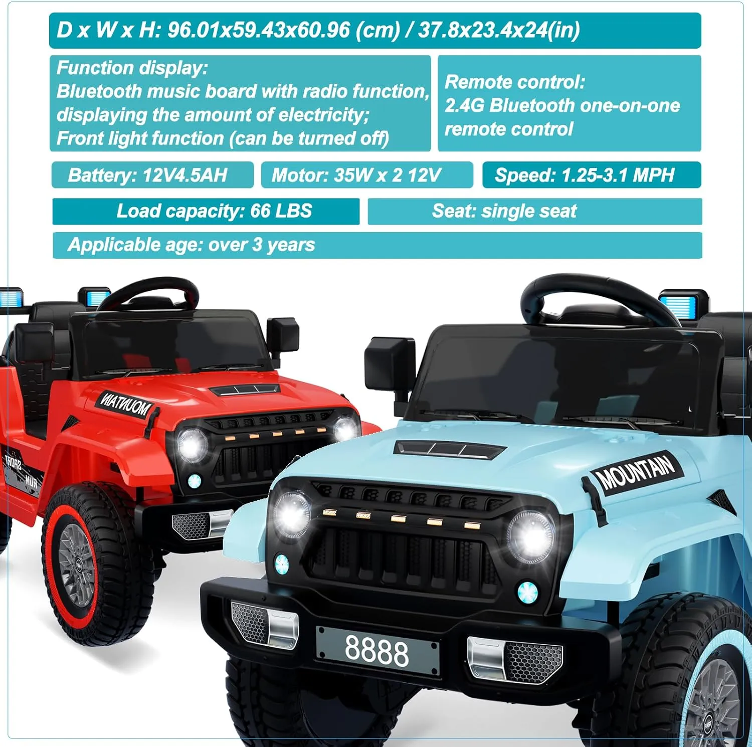 12V Kids Ride-On Truck Car | Electric Vehicle with Remote Control, Spring Suspension, 3 Speeds, LED Lights, Music, MP3 | Battery-Powered Ride-On Toy Gift for Boys and Girls, Red