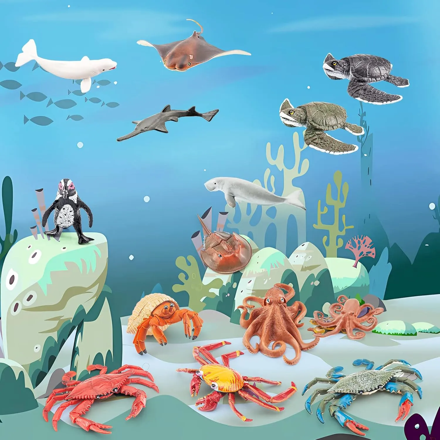 15PCS Jumbo Sea Creatures Toys Set for Kids Whale Toy Figure Turtle Figurine Model Sea Ainimals Shark Toys Boy Birthday Gift
