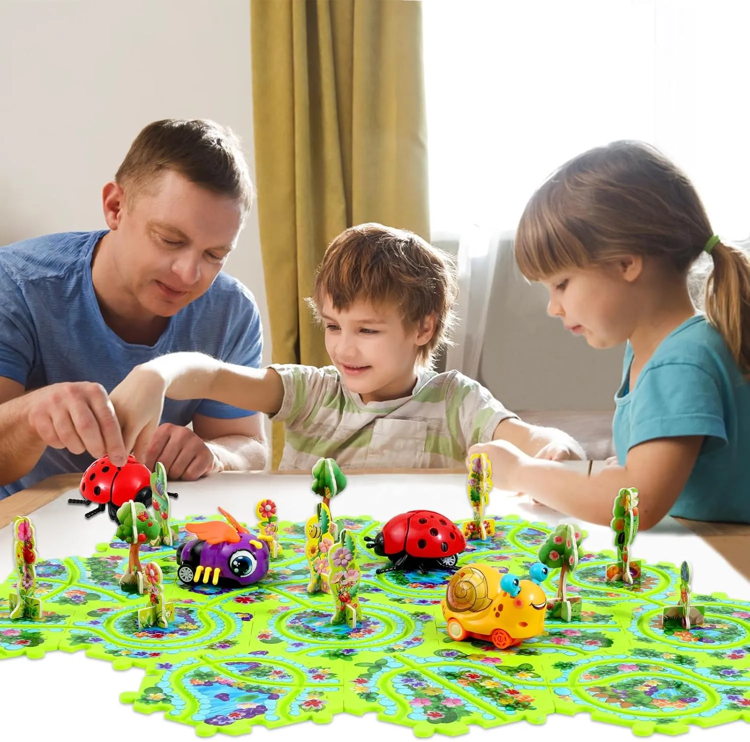 15Pcs Puzzle Racer Kids Car Track Set for Kids, Race Tracks for Toddlers Ages 3-8, Puzzle Track Car Play Set, Educational Puzzles Cars Toys Gifts for 3 4 5 6 7 Year Old Boys (Snail Bee Ladybug)