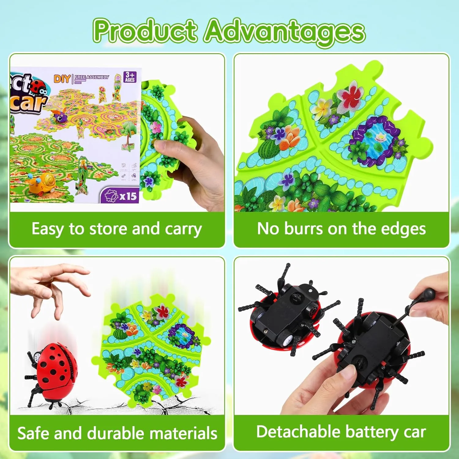 15Pcs Puzzle Racer Kids Car Track Set for Kids, Race Tracks for Toddlers Ages 3-8, Puzzle Track Car Play Set, Educational Puzzles Cars Toys Gifts for 3 4 5 6 7 Year Old Boys (Snail Bee Ladybug)