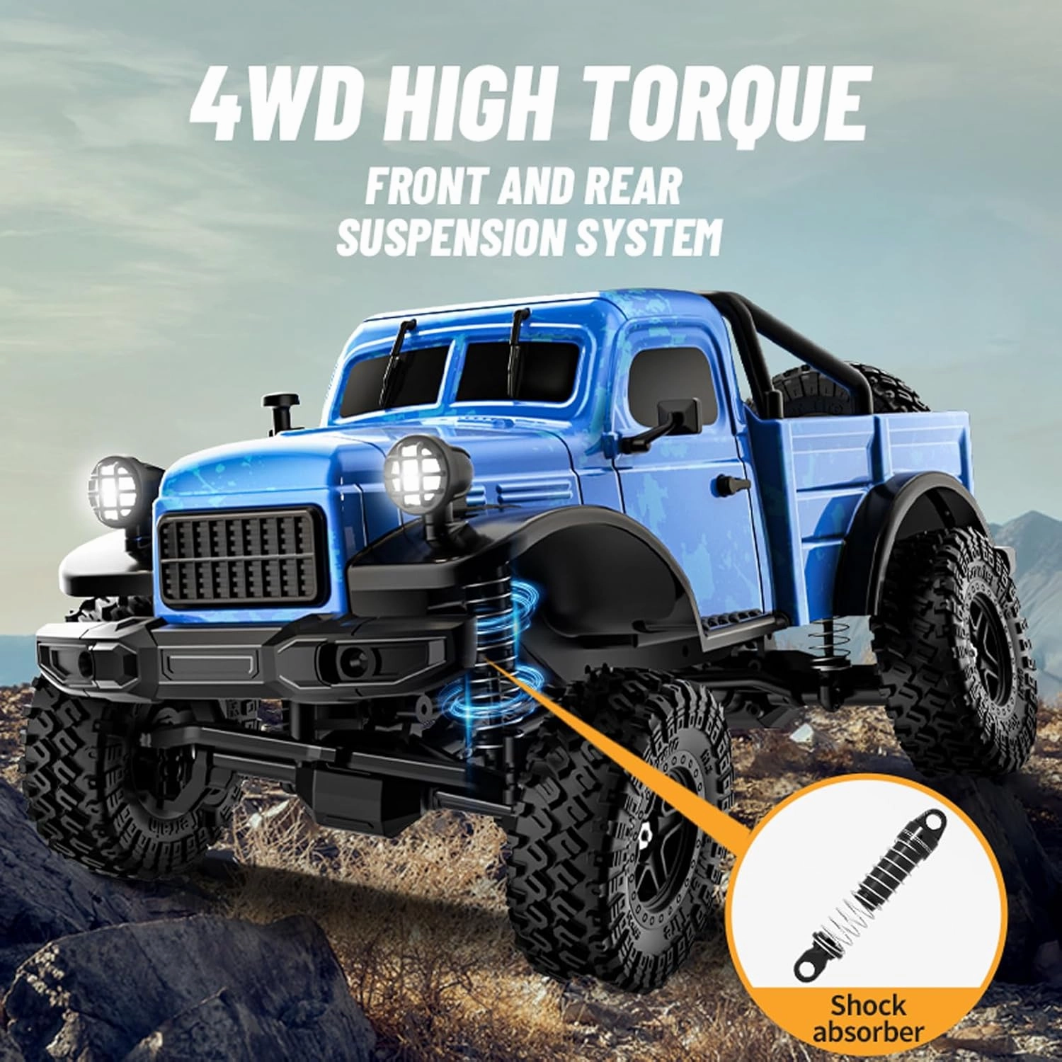 1:18 Scale All Terrain Remote Control Car, 2.4 GHz 4WD RC Rock Crawler with LED Lights, 12KPH Off-Road Pickup Truck Vehicle Toys RTR Gift for Kids Adults