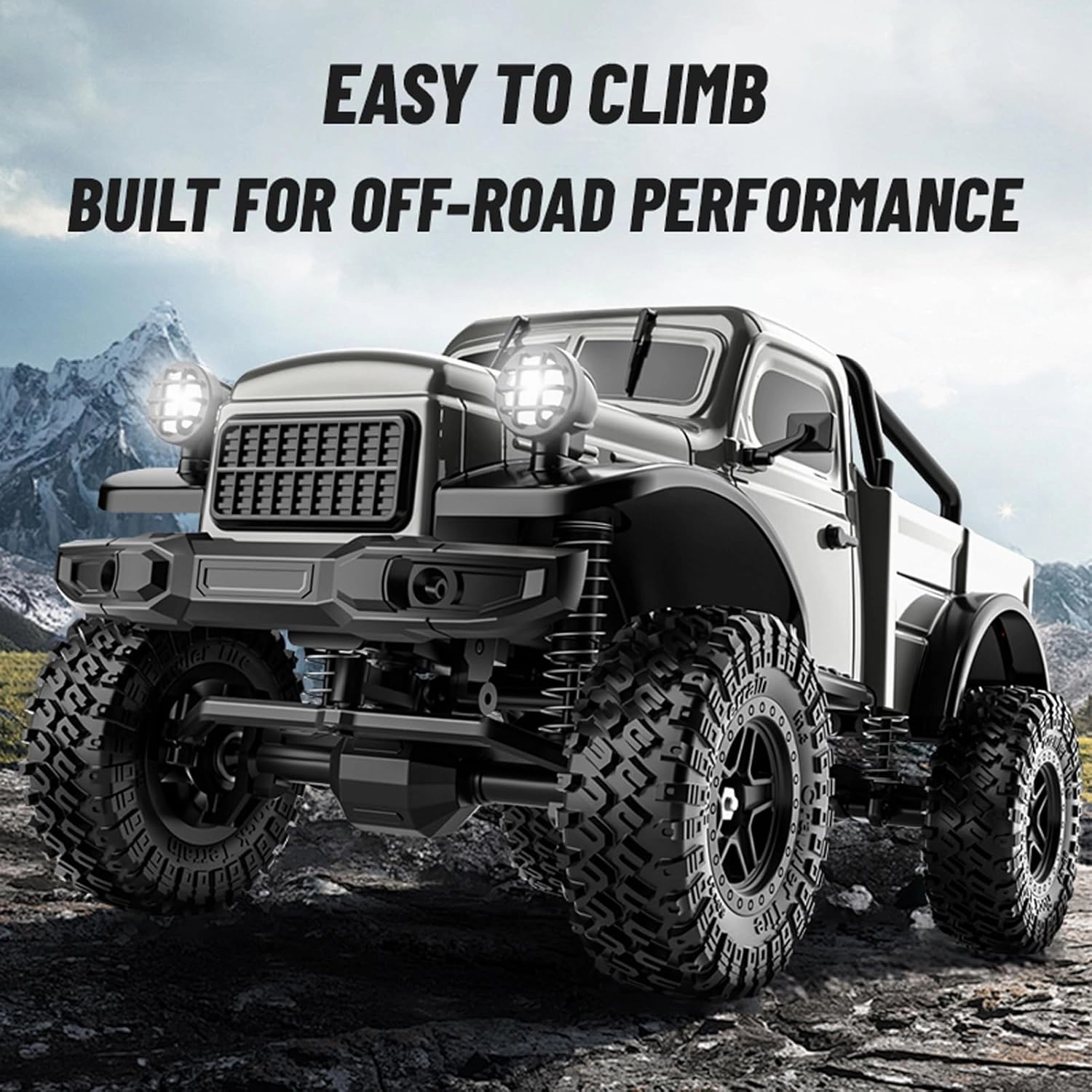 1:18 Scale All Terrain Remote Control Car, 2.4 GHz 4WD RC Rock Crawler with LED Lights, 12KPH Off-Road Pickup Truck Vehicle Toys RTR Gift for Kids Adults