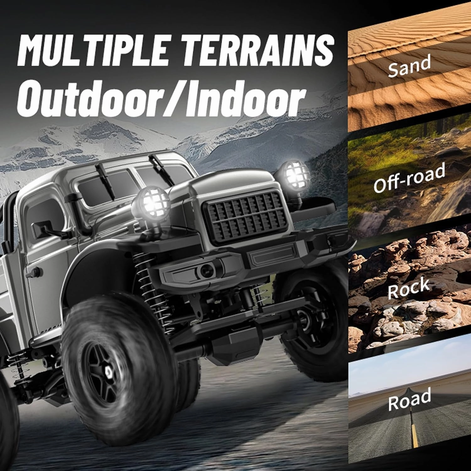 1:18 Scale All Terrain Remote Control Car, 2.4 GHz 4WD RC Rock Crawler with LED Lights, 12KPH Off-Road Pickup Truck Vehicle Toys RTR Gift for Kids Adults