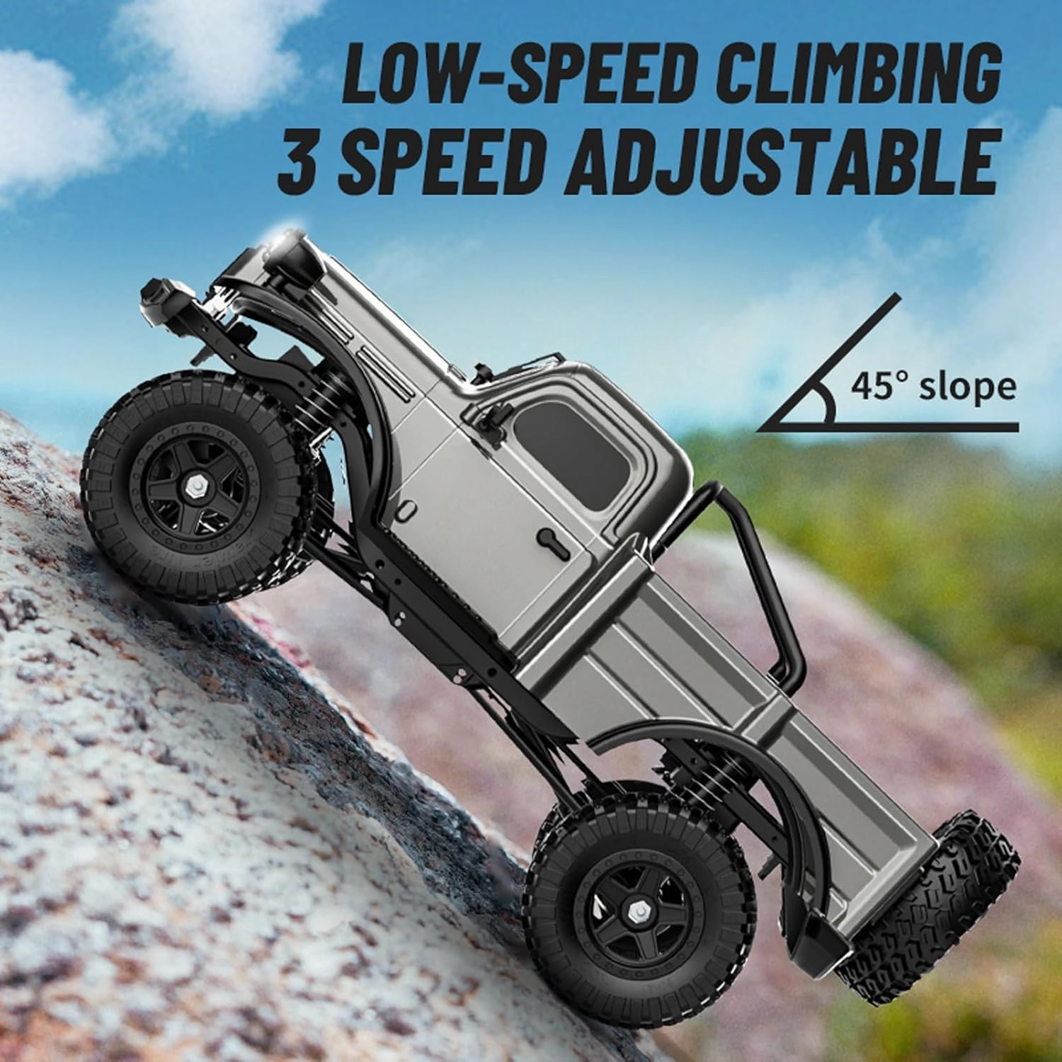 1:18 Scale All Terrain Remote Control Car, 2.4 GHz 4WD RC Rock Crawler with LED Lights, 12KPH Off-Road Pickup Truck Vehicle Toys RTR Gift for Kids Adults