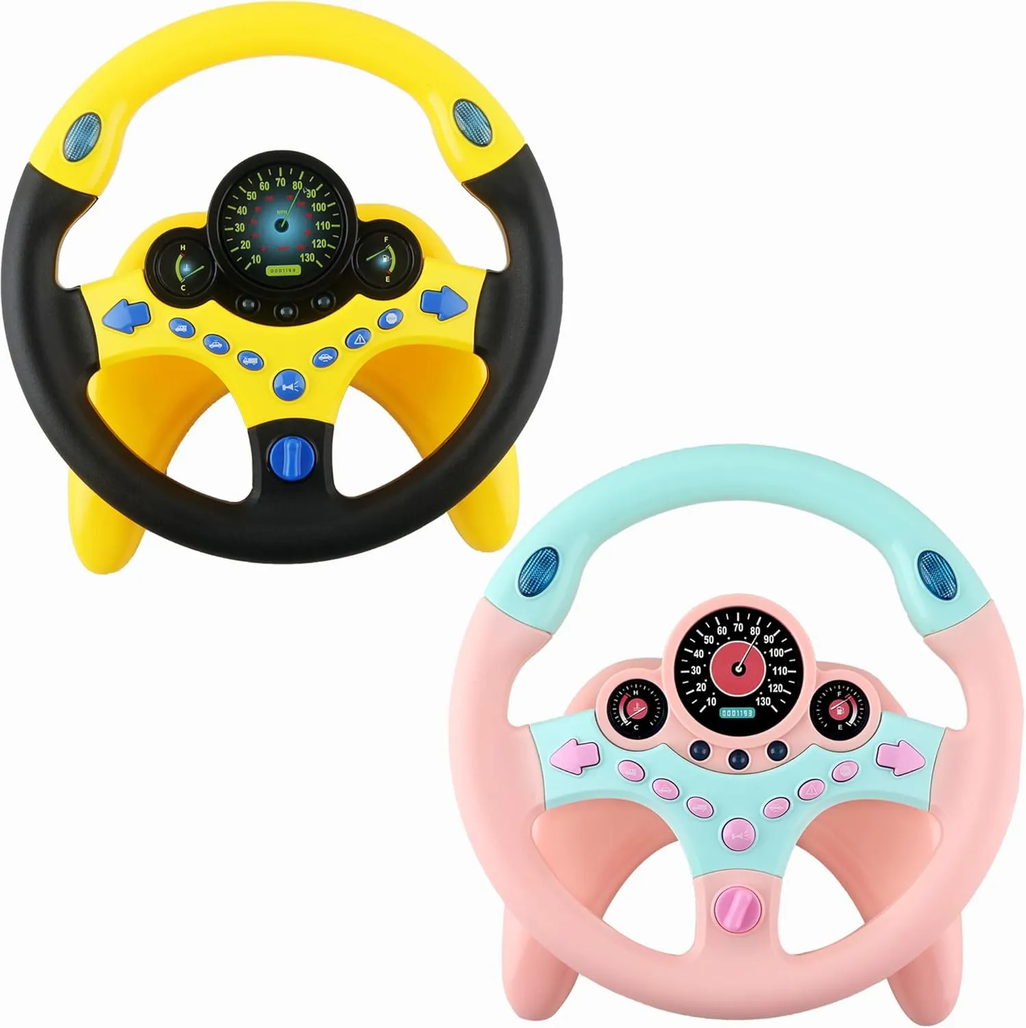 2 Pack Car Driving Simulated Steering Wheel Copilot Driving Wheel with Light Music for Kids Early Learning Educational Sounding Toy, 2 Colors