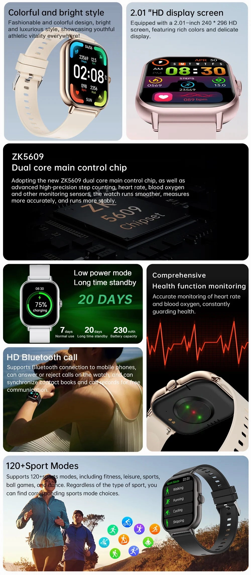 2024 2.01'' Smart Watch Bluetooth Call Play Music