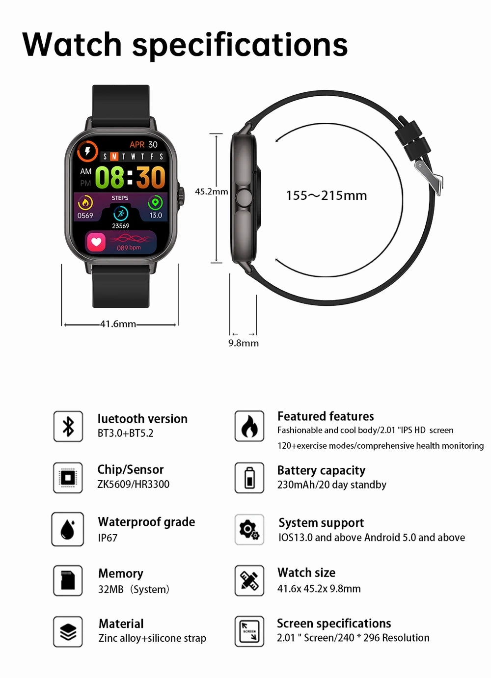 2024 2.01'' Smart Watch Bluetooth Call Play Music