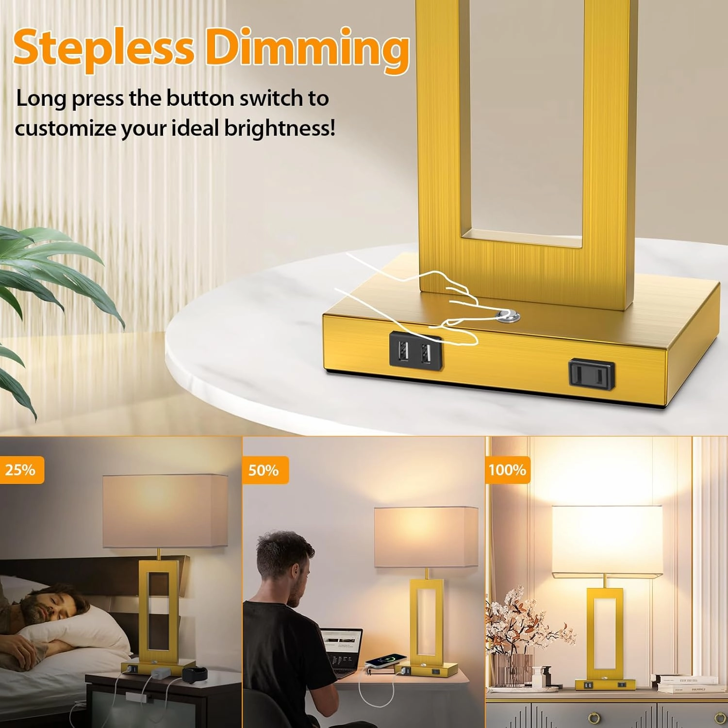 22’’ Touch Control Table Lamps Set of 2, 3 Color Temperatures Bedroom Bedside Lamps, Modern Gold Dimmable Lamps with USB Ports & AC Outlet, Tall Living Room Lamps for Nightstand End Table, 2 Bulbs