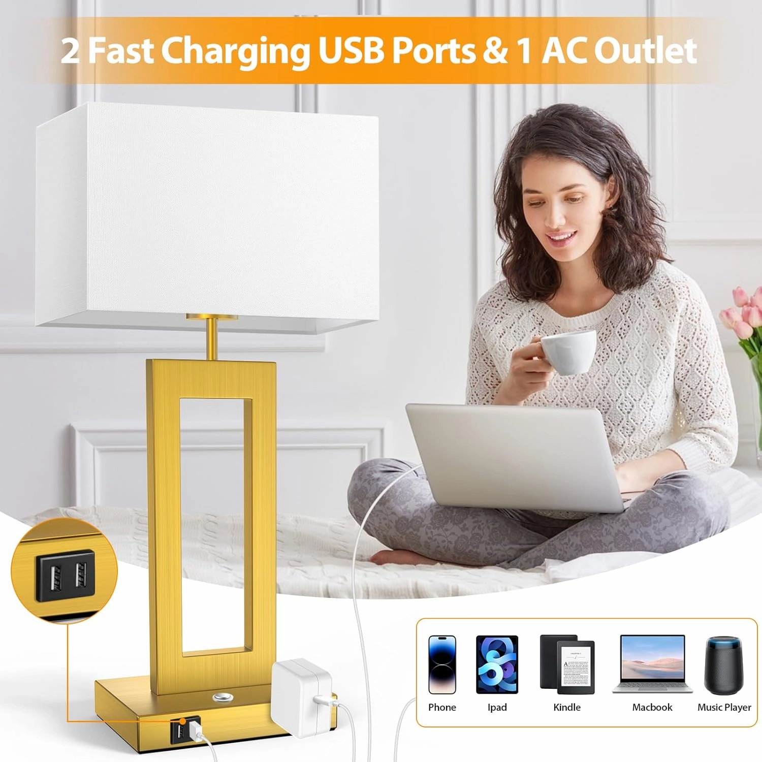 22’’ Touch Control Table Lamps Set of 2, 3 Color Temperatures Bedroom Bedside Lamps, Modern Gold Dimmable Lamps with USB Ports & AC Outlet, Tall Living Room Lamps for Nightstand End Table, 2 Bulbs