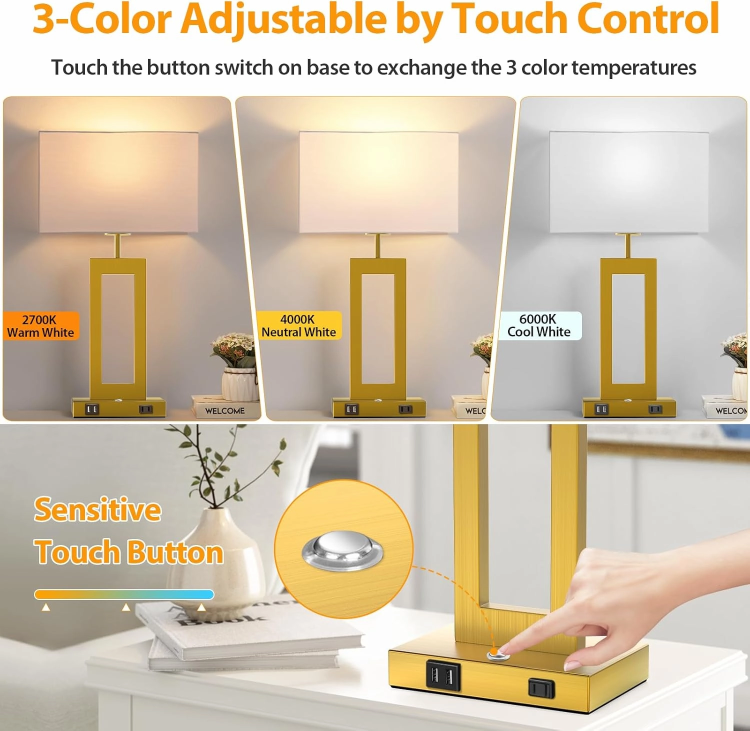 22’’ Touch Control Table Lamps Set of 2, 3 Color Temperatures Bedroom Bedside Lamps, Modern Gold Dimmable Lamps with USB Ports & AC Outlet, Tall Living Room Lamps for Nightstand End Table, 2 Bulbs