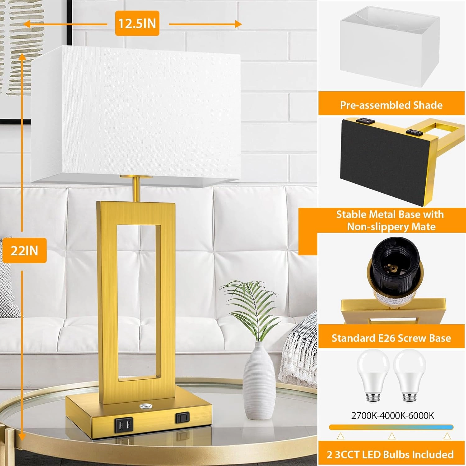 22’’ Touch Control Table Lamps Set of 2, 3 Color Temperatures Bedroom Bedside Lamps, Modern Gold Dimmable Lamps with USB Ports & AC Outlet, Tall Living Room Lamps for Nightstand End Table, 2 Bulbs