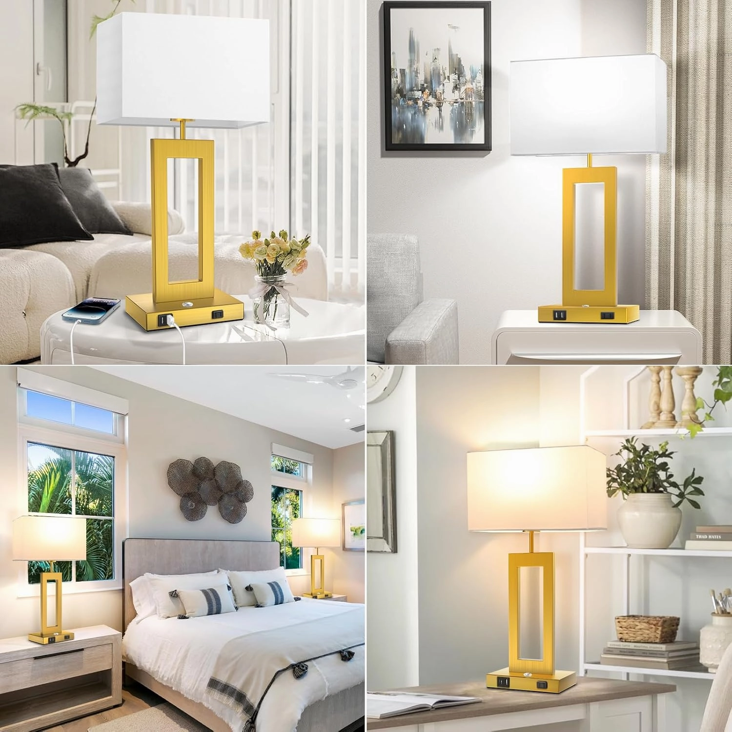 22’’ Touch Control Table Lamps Set of 2, 3 Color Temperatures Bedroom Bedside Lamps, Modern Gold Dimmable Lamps with USB Ports & AC Outlet, Tall Living Room Lamps for Nightstand End Table, 2 Bulbs
