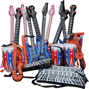 24-Piece Inflatable Rock Band Instrument Set by Forest & Twelfth, Includes Guitars Trumpets, Saxophone, Keyboard, Microphones, Drums, Fun Musical Instruments for Pretend Play, Parties, Props, Décor