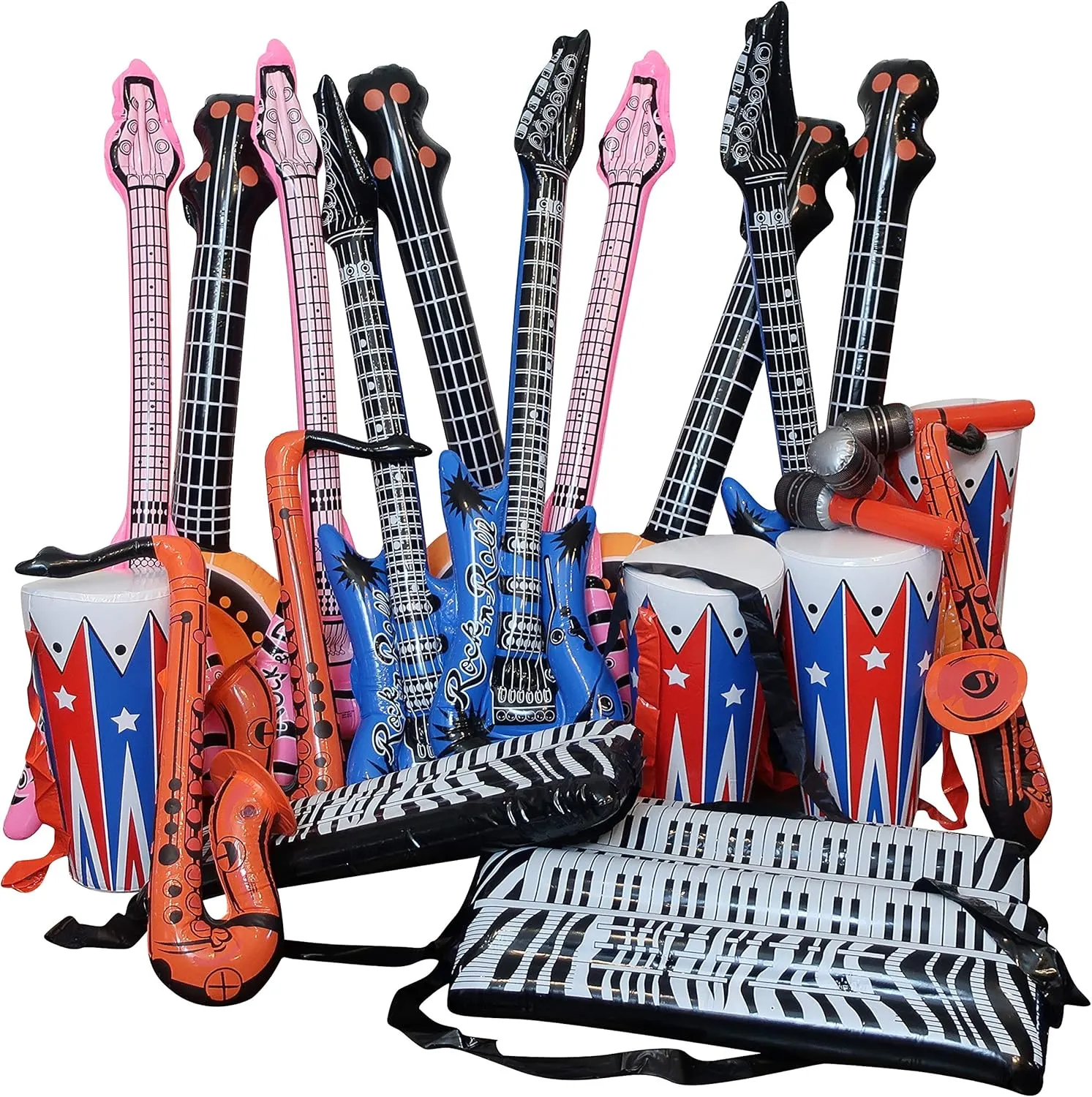24-Piece Inflatable Rock Band Instrument Set by Forest & Twelfth, Includes Guitars Trumpets, Saxophone, Keyboard, Microphones, Drums, Fun Musical Instruments for Pretend Play, Parties, Props, Décor