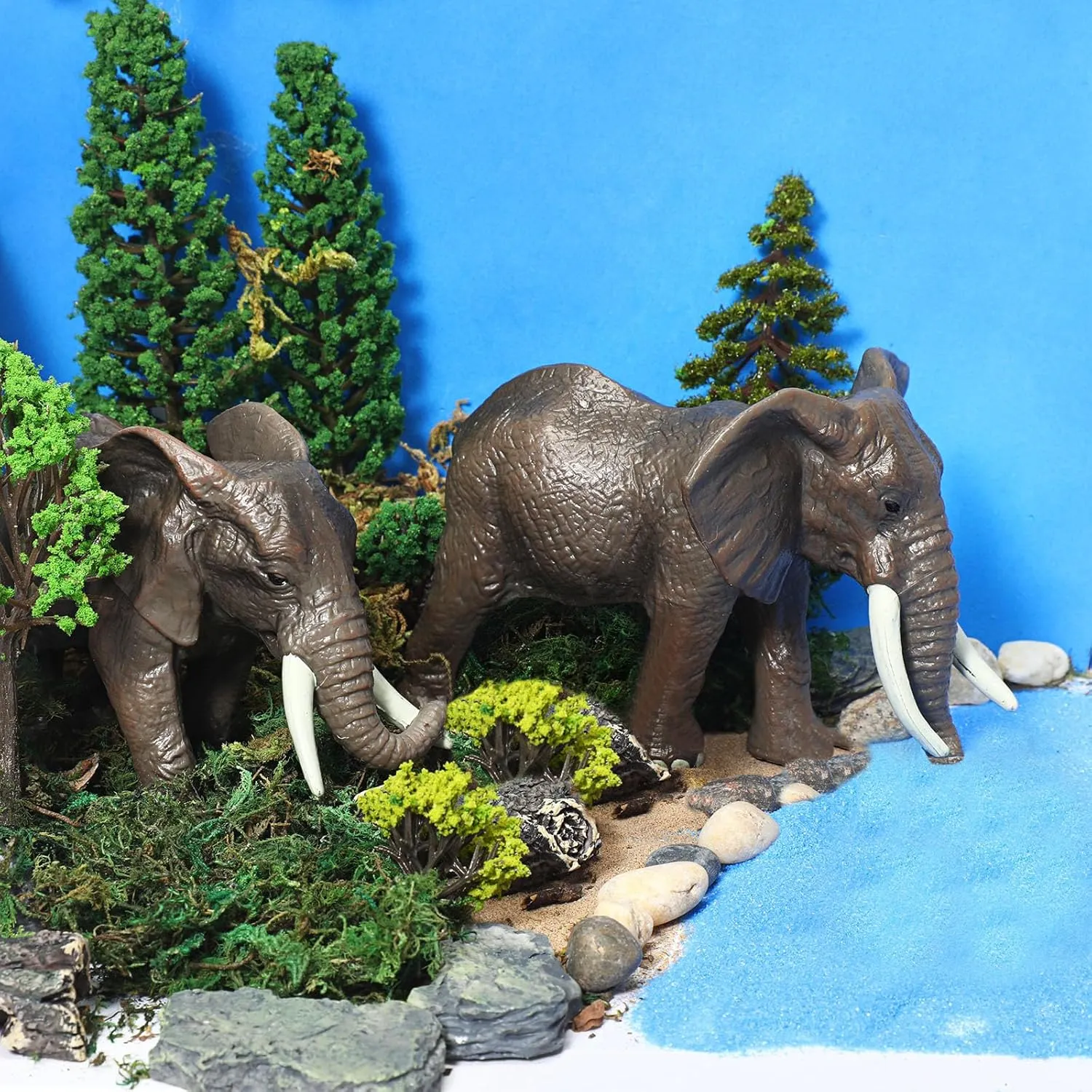 36 Pcs Elephant Animal Diorama Project Set, Diorama Box Kit Includes Elephant Figures, Model Trees, Artificial Tree Stump Fake Rocks Sand Stone Moss with Transparent Box for Gifts Project