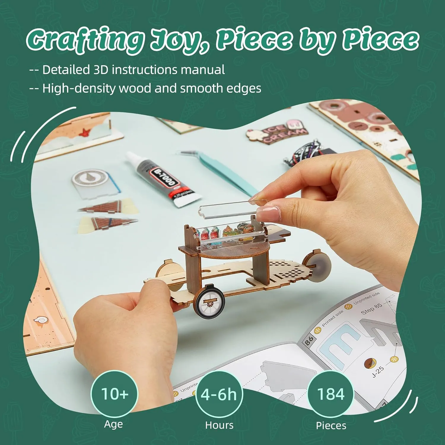 3D Wood Puzzle Ice Cream Truck Model - DIY Miniature Food Truck Dollhouse Vehicle Craft Kit with LED Lights - Perfect Creative Gift for Kids and Adults (Ice Cream Truck)