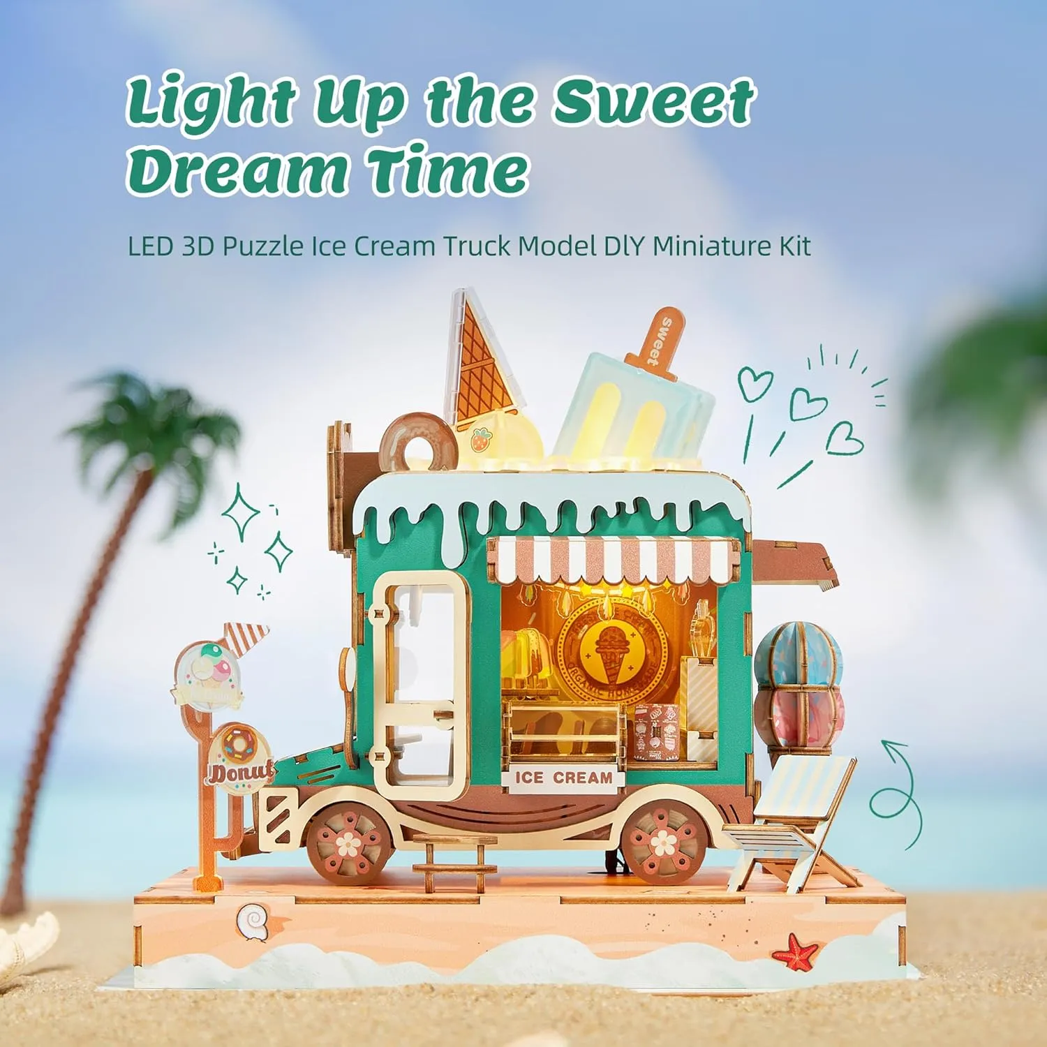 3D Wood Puzzle Ice Cream Truck Model - DIY Miniature Food Truck Dollhouse Vehicle Craft Kit with LED Lights - Perfect Creative Gift for Kids and Adults (Ice Cream Truck)
