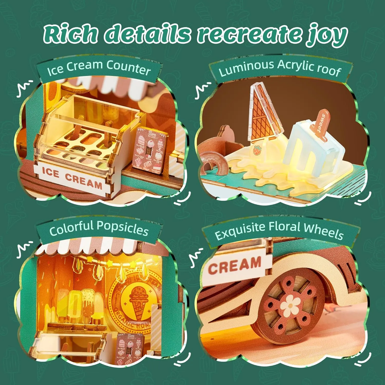 3D Wood Puzzle Ice Cream Truck Model - DIY Miniature Food Truck Dollhouse Vehicle Craft Kit with LED Lights - Perfect Creative Gift for Kids and Adults (Ice Cream Truck)