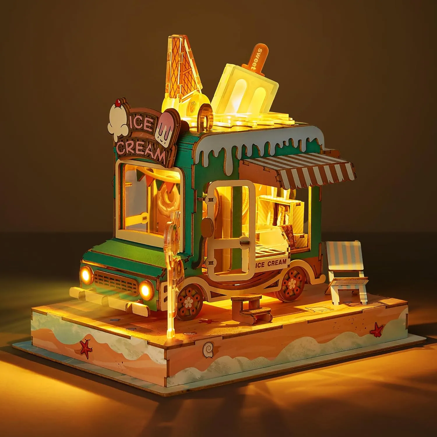 3D Wood Puzzle Ice Cream Truck Model - DIY Miniature Food Truck Dollhouse Vehicle Craft Kit with LED Lights - Perfect Creative Gift for Kids and Adults (Ice Cream Truck)