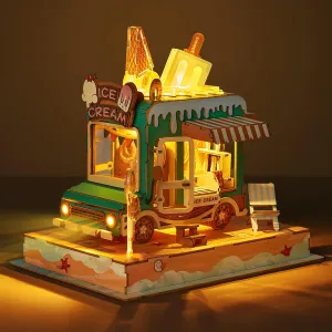 3D Wood Puzzle Ice Cream Truck Model - DIY Miniature Food Truck Dollhouse Vehicle Craft Kit with LED Lights - Perfect Creative Gift for Kids and Adults (Ice Cream Truck)