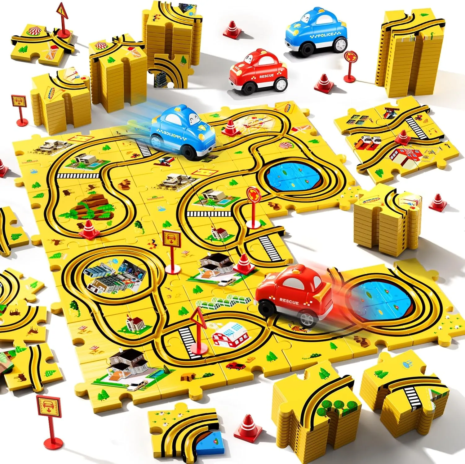 48 PCS Puzzle City Racer Car Track Set Toys for Kids Boys, Toys Gifts for 3 4 5 Year Old Boys, Puzzle Racer Kids Car Track Set Ages 3-5 4-6, Ideal 3 4 5 Year Old Boys Birthday Gifts