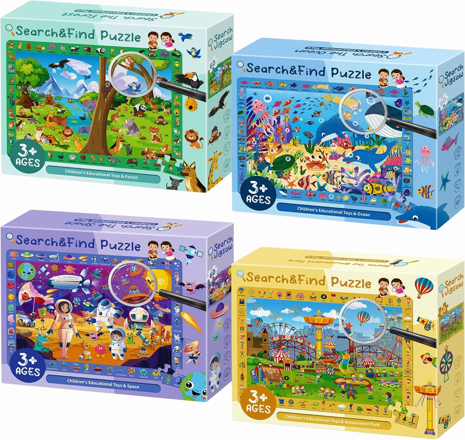 4 Pack Search and Find Puzzles for Kids Ages 4-6 6-8 8-10, Space Forest Ocean Amusement Park Kids Puzzles, 60 Pieces Jigsaw Puzzle for Adults Kids Learning Puzzle Toys Gifts for Girls Boys(14x10 inch)