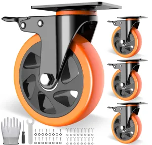 5 inch Casters Wheels, Heavy Duty Casters Set of 4 Load 2400lbs with Brake, Locking Swivel Plate Caster, Industrial Castor Wheels for Carts,Furniture and Workbench(Free Screws and Spanner)