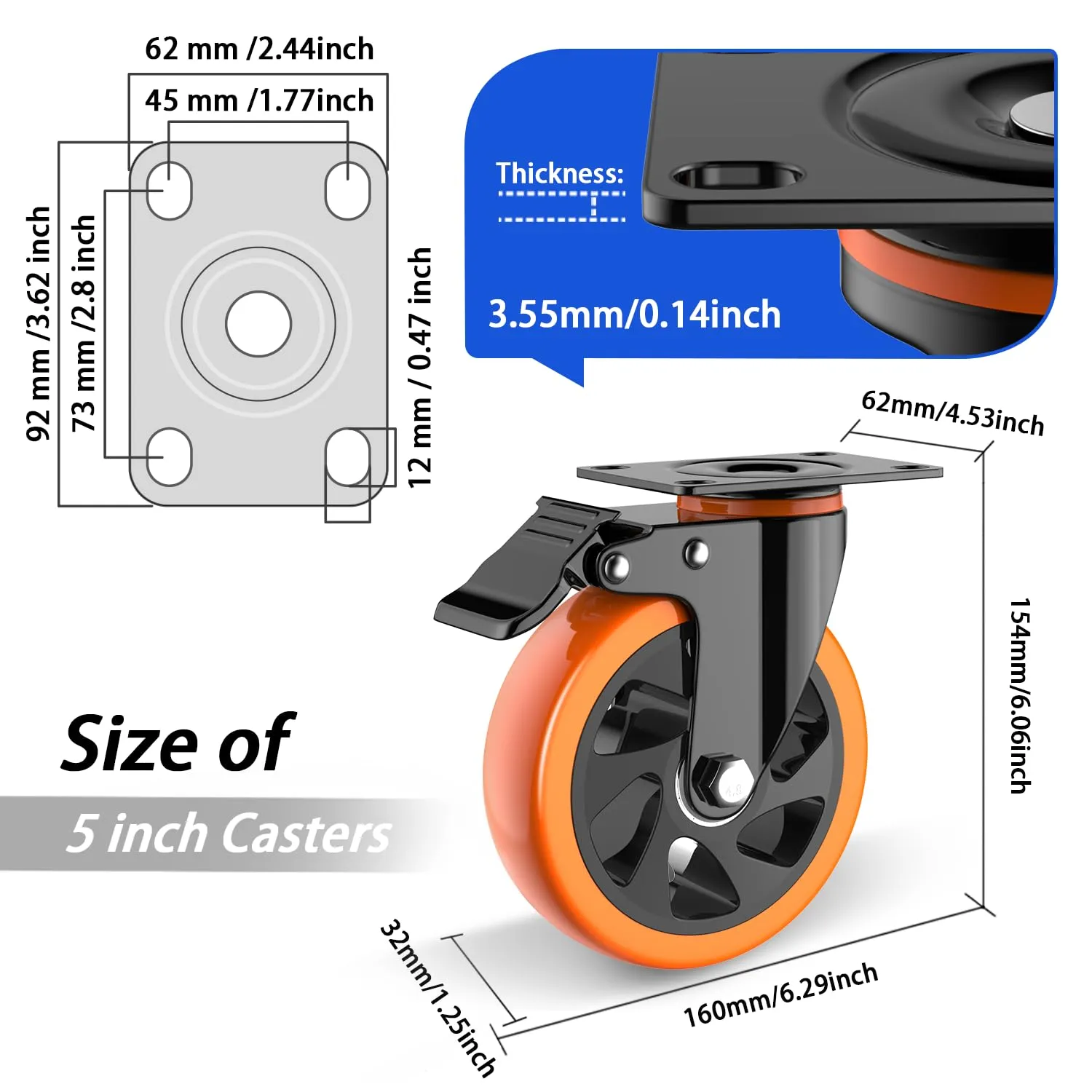 5 inch Casters Wheels, Heavy Duty Casters Set of 4 Load 2400lbs with Brake, Locking Swivel Plate Caster, Industrial Castor Wheels for Carts,Furniture and Workbench(Free Screws and Spanner)