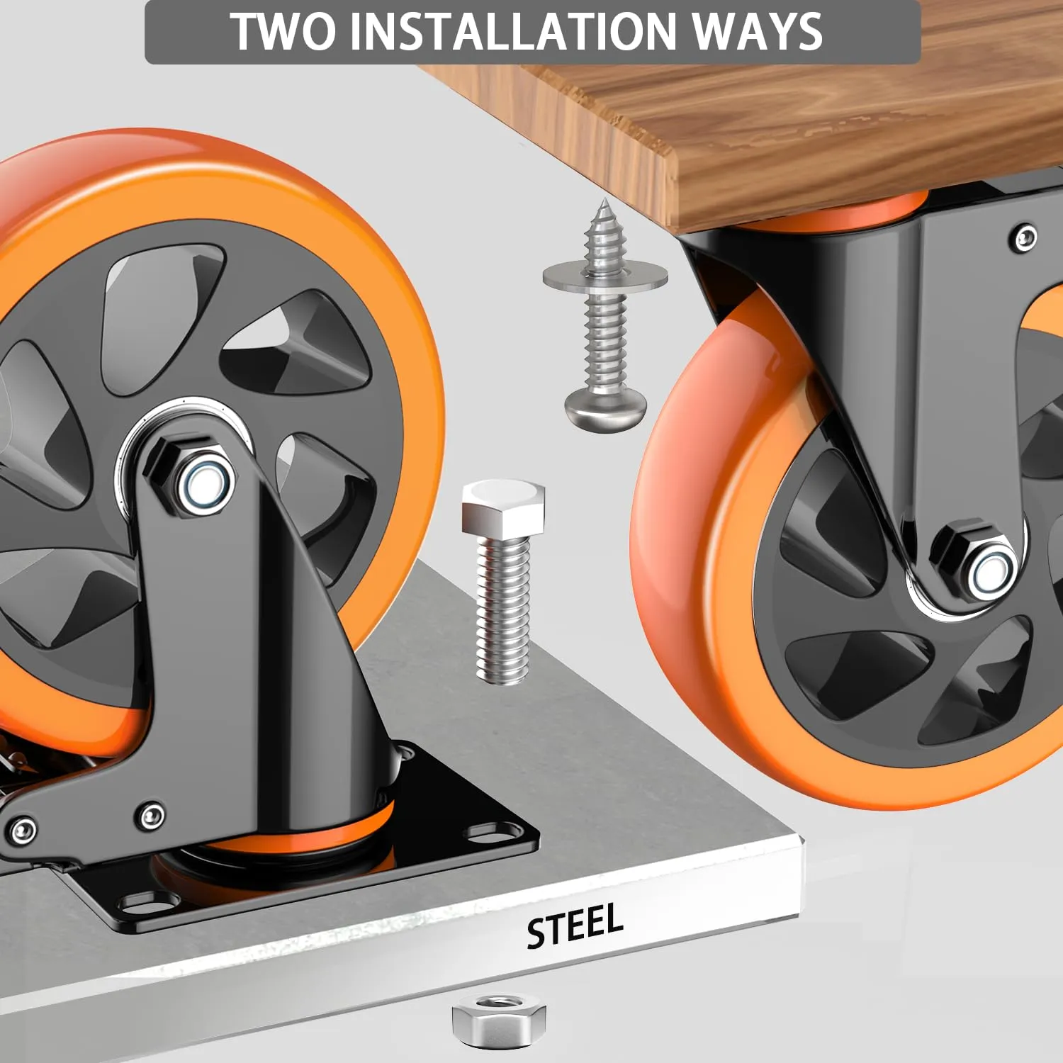 5 inch Casters Wheels, Heavy Duty Casters Set of 4 Load 2400lbs with Brake, Locking Swivel Plate Caster, Industrial Castor Wheels for Carts,Furniture and Workbench(Free Screws and Spanner)