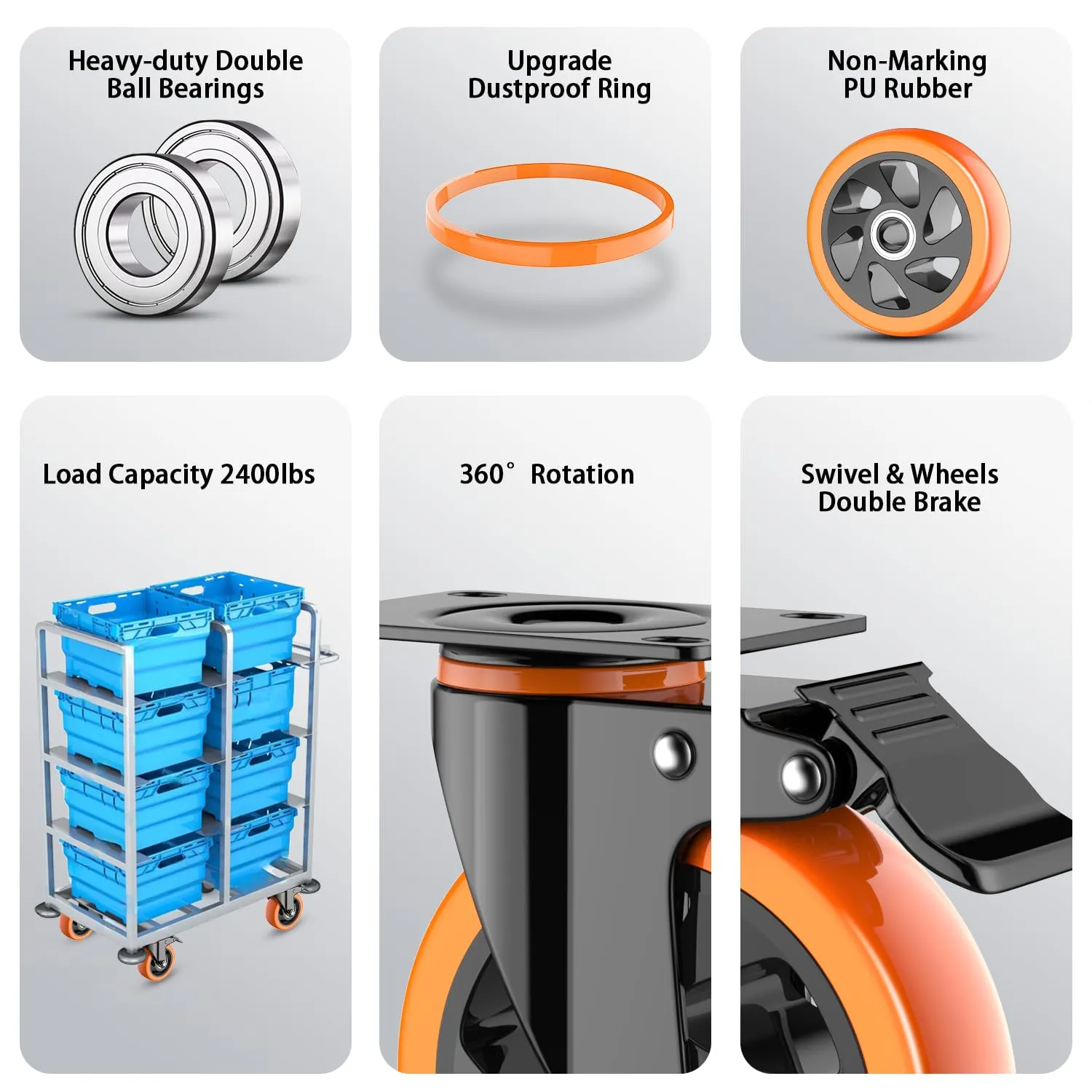 5 inch Casters Wheels, Heavy Duty Casters Set of 4 Load 2400lbs with Brake, Locking Swivel Plate Caster, Industrial Castor Wheels for Carts,Furniture and Workbench(Free Screws and Spanner)