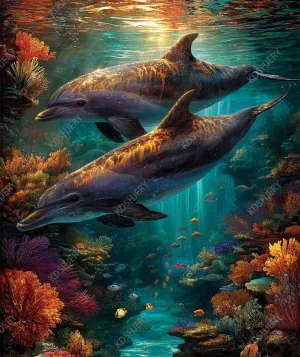 500 Piece Jigsaw Puzzle Two Bottlenose Dolphins Swimming in a Colorful Coral Reef with Diverse Fish Species Under Sunlit Water Vibrant Underwater Marine Illustration Fun Family Game Night Gift
