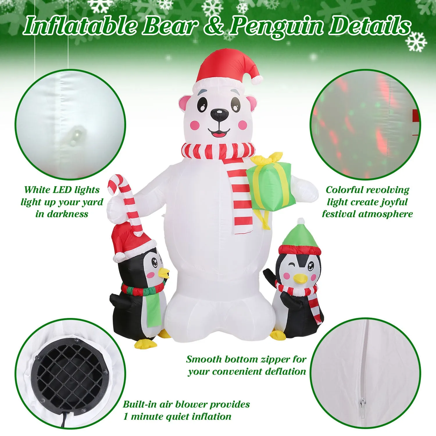5.9FT Christmas Inflatable Outdoor Decoration Polar Bear Gift Box Penguin Blow Up Yard Decoration with LED Light Built-in Air Blower for Winter Holiday Xmas Garden