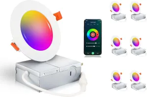 [6 Pack] CLOUDY BAY 4inch Smart WiFi LED Recessed Lights,RGBCW Color Changing Recessed Lighting,Compatible with Alexa and Google Home Assistant,10W 2700K-6500K,CRI90  Wet Location,White Finish