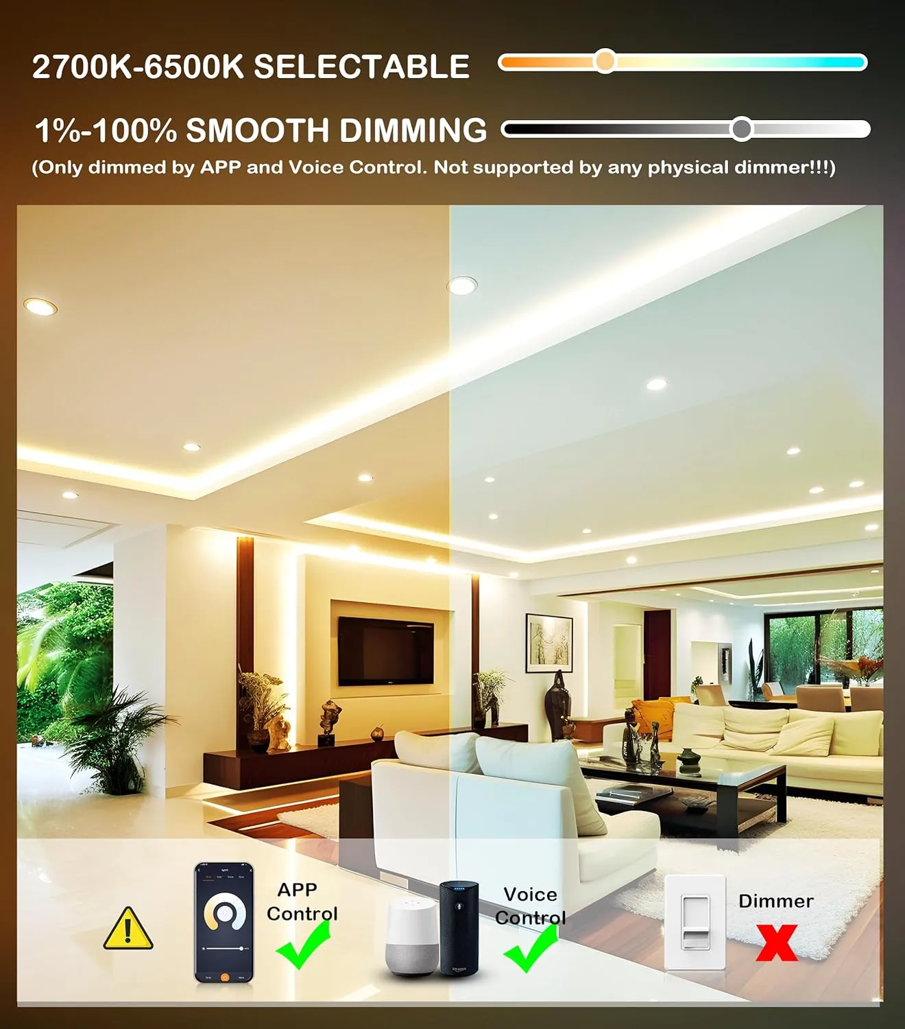 [6 Pack] CLOUDY BAY 4inch Smart WiFi LED Recessed Lights,RGBCW Color Changing Recessed Lighting,Compatible with Alexa and Google Home Assistant,10W 2700K-6500K,CRI90  Wet Location,White Finish