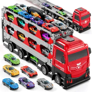 78-Inch Race Track Transport Truck Set with 24 Die-Cast Metal Cars – Foldable Carrier Toy for Kids 3-7  & Toddlers – Christmas & Birthday Gift for Boys & Girls