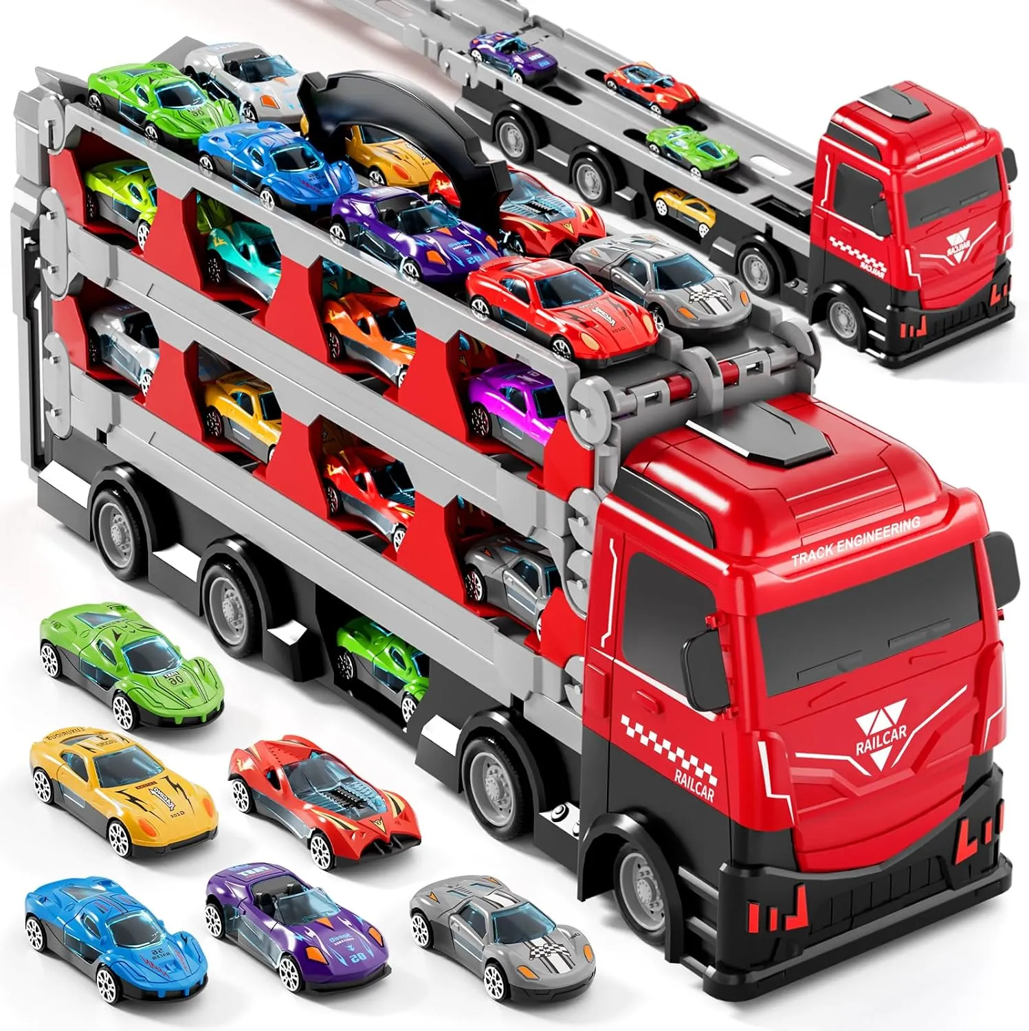 78-Inch Race Track Transport Truck Set with 24 Die-Cast Metal Cars – Foldable Carrier Toy for Kids 3-7  & Toddlers – Christmas & Birthday Gift for Boys & Girls