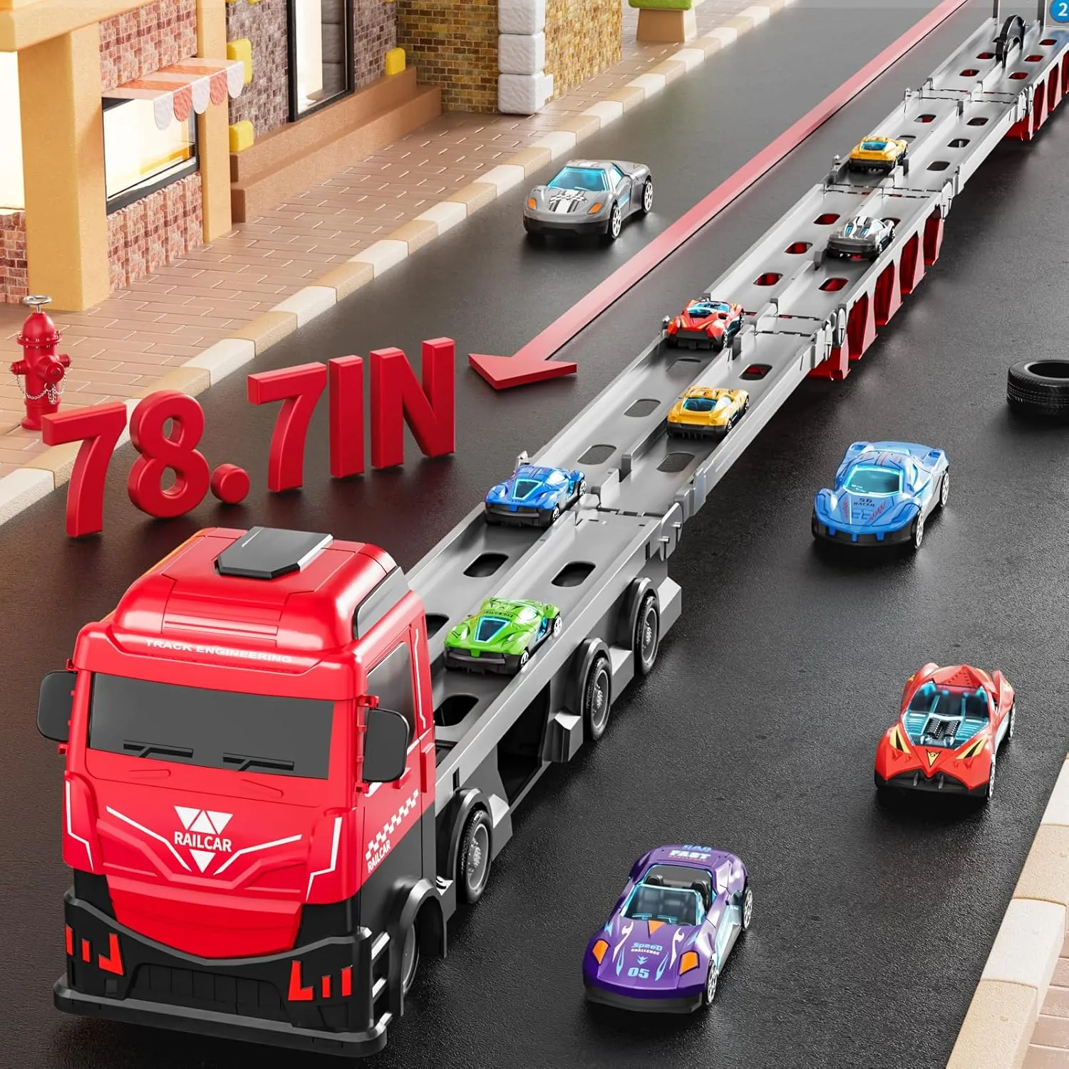 78-Inch Race Track Transport Truck Set with 24 Die-Cast Metal Cars – Foldable Carrier Toy for Kids 3-7  & Toddlers – Christmas & Birthday Gift for Boys & Girls