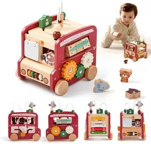 8-1 Wooden Activity Cube, Animal Tourism Bus Themed Montessori Toy for 18 Months  Toddlers, Enhancing Color/Pattern/Auditory/Shape Recognition & Fine Motor Skills, Educational & Fun