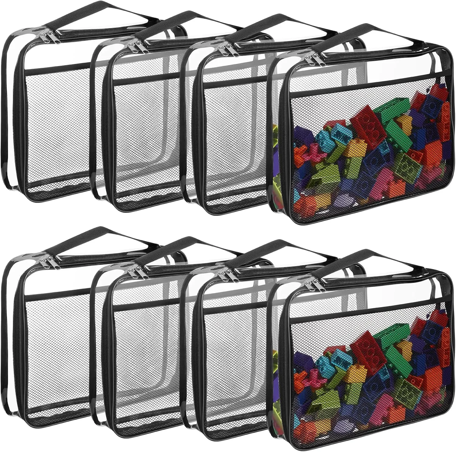 8 Packs Toy Storage Bags with Zipper, Clear PVC Organizing Bags, Reusable Toy Storage Organizer with Portable Handle, Travel Waterproof Organizer Bags for Building Blocks, Puzzle, Toys and Books