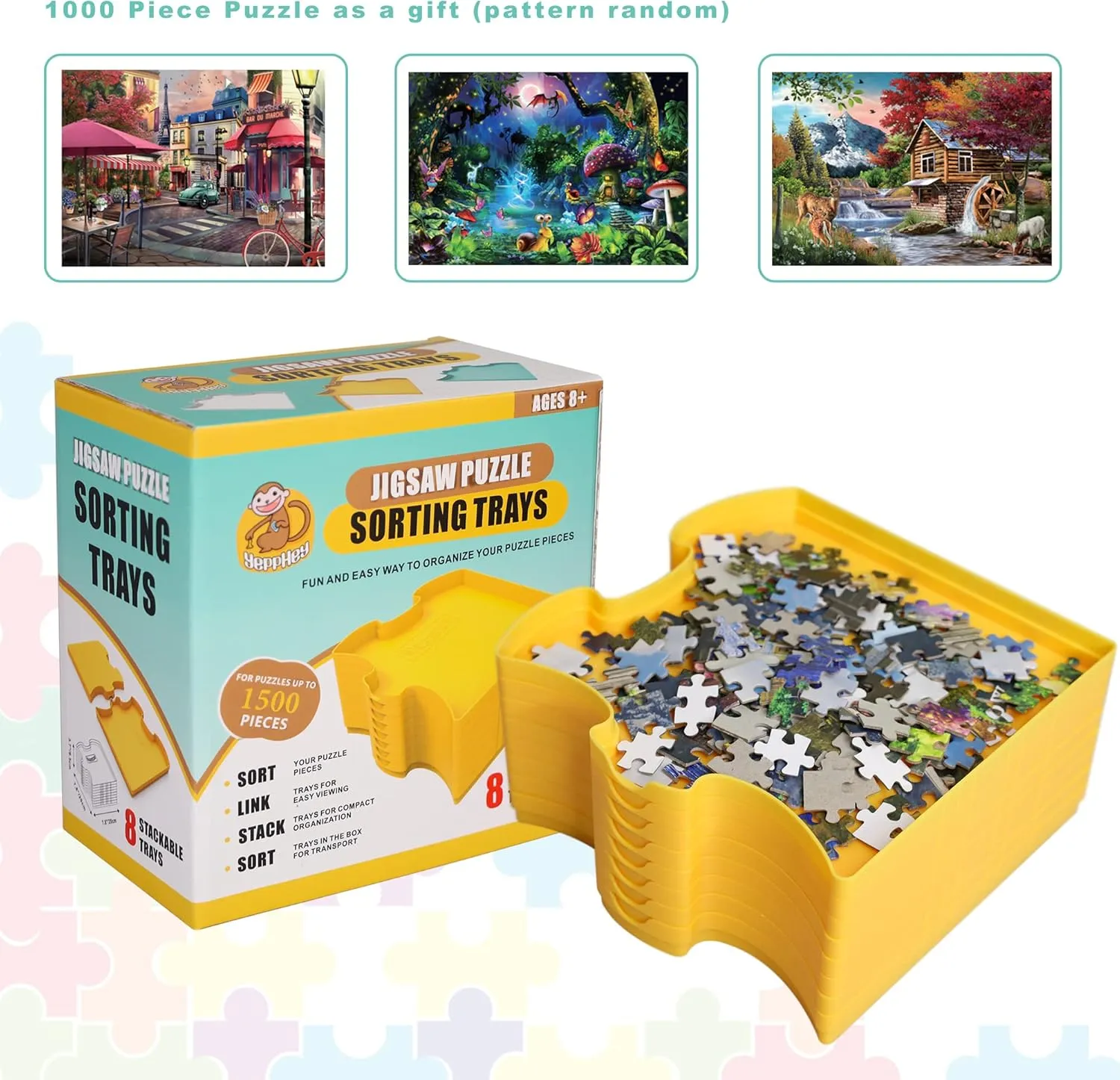 8 Stackable Puzzle Shaped Sorting Trays - Plus Included 1000 Piece Puzzle - Organize Puzzles Up to 1500 Pieces (Yellow)