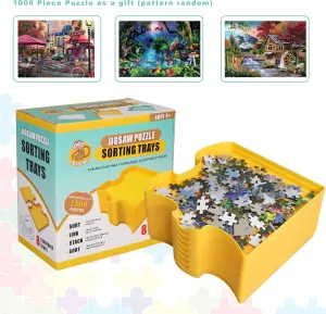 8 Stackable Puzzle Shaped Sorting Trays - Plus Included 1000 Piece Puzzle - Organize Puzzles Up to 1500 Pieces (Yellow)